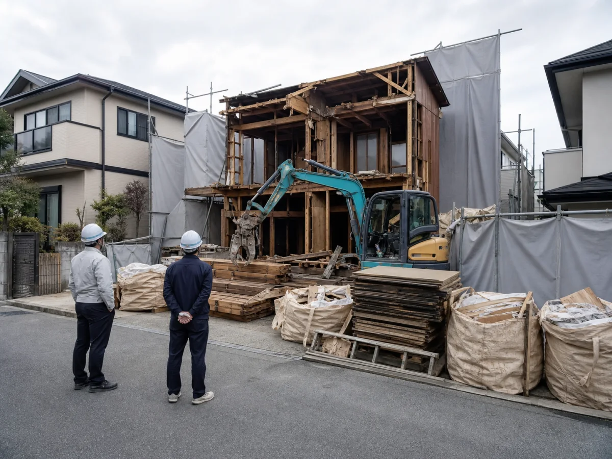 安全対策を行いながら進める木造住宅解体現場のイメージ