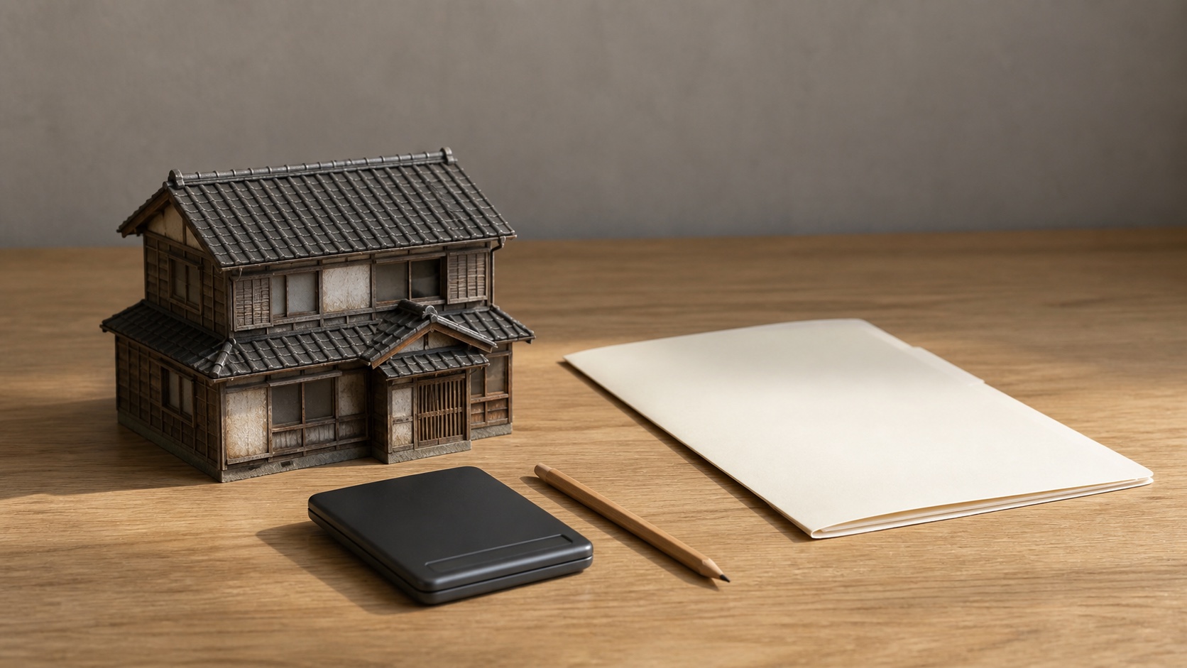 古い木造住宅の模型と無地の申請書類と電卓を並べた解体補助見積のテーマ画像