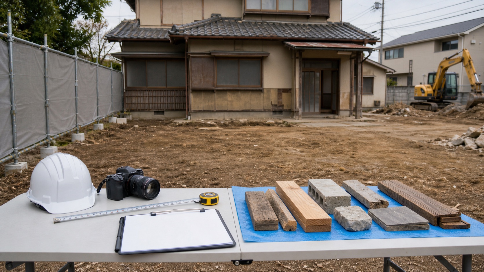 古い木造家屋の解体前に木材とコンクリートの分別見本と写真・計測道具を並べたテーマ画像