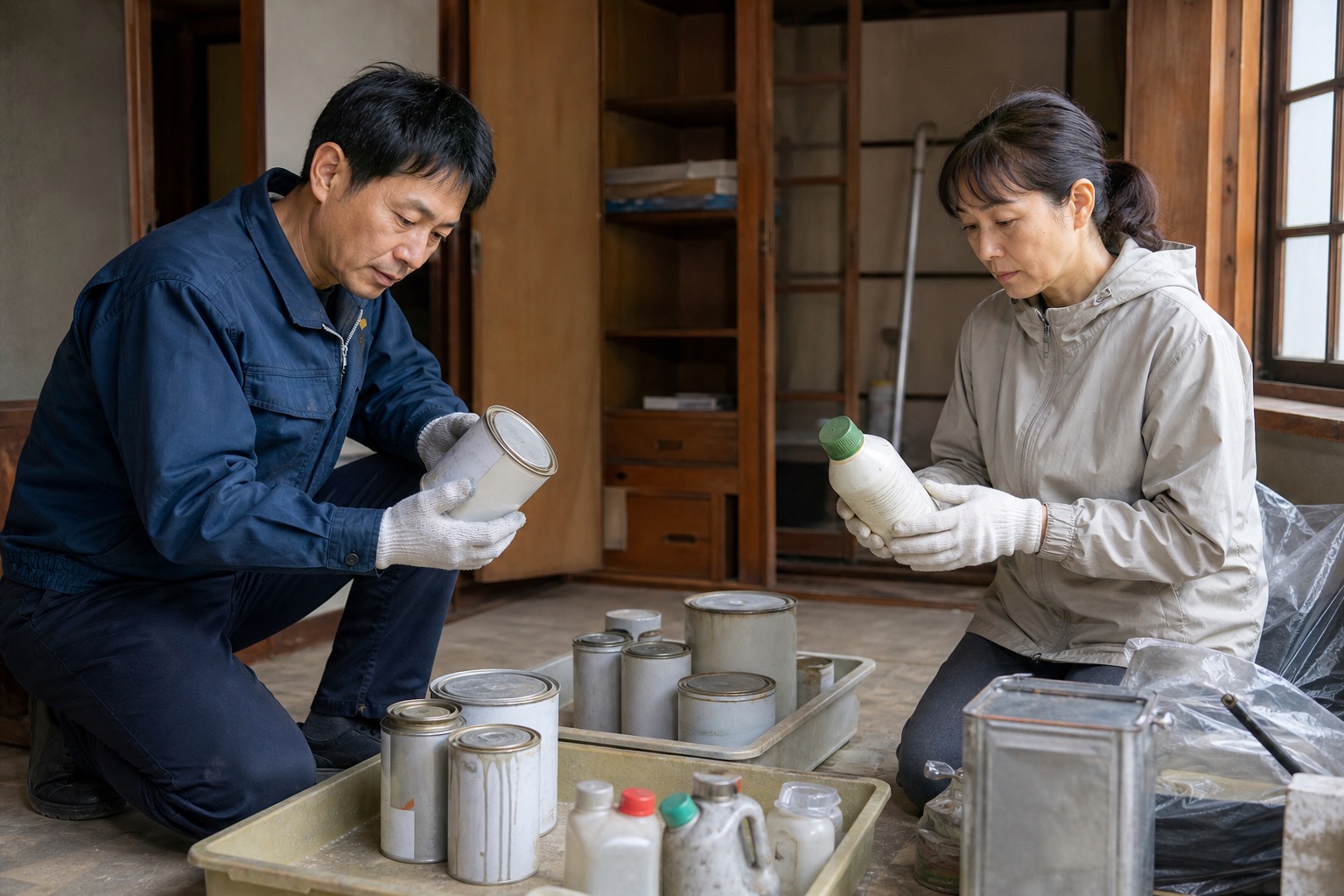 古い実家で家族が塗料缶や農薬容器を開けずに分別確認するテーマ画像