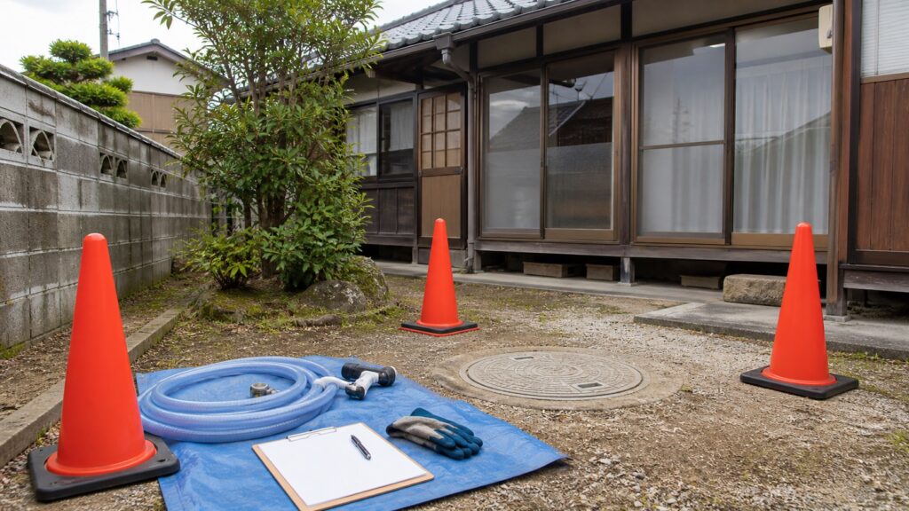 古い住宅の解体前に浄化槽ふた周辺へ清掃ホースと安全コーンを準備したテーマ画像