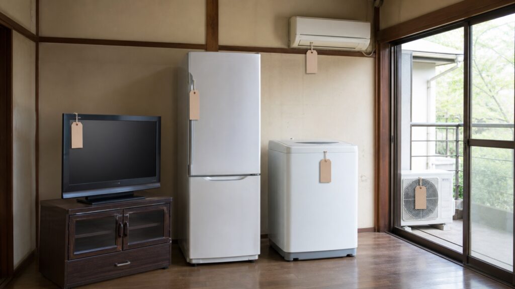 空き家の室内に置かれた無地のテレビと冷蔵庫と洗濯機の家財整理場面