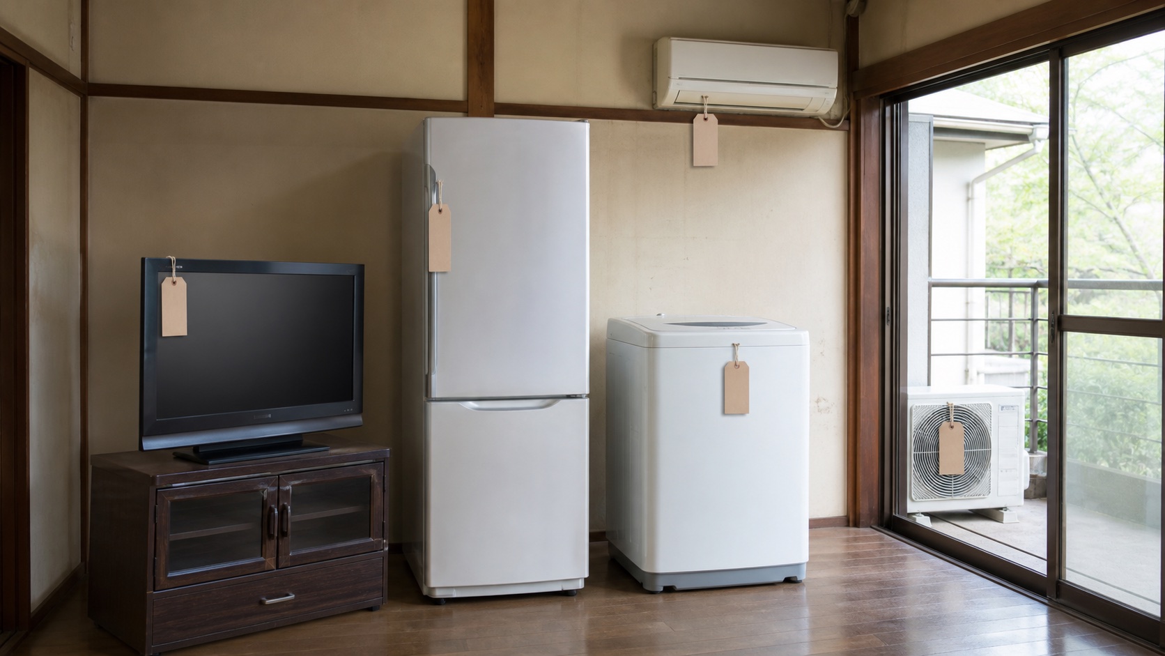 空き家の室内に置かれた無地のテレビと冷蔵庫と洗濯機の家財整理場面