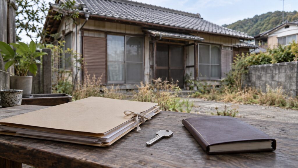 古い空き家と相続資料の封筒・鍵・無地の住所録を写したテーマ画像