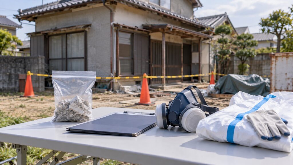 古い家の解体前に防護具と密封試料で石綿再確認をするテーマ画像