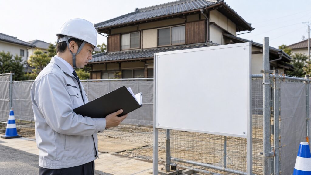 住宅解体前に無地の安全掲示板と調査書類を確認するテーマ画像
