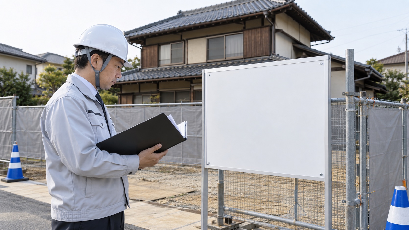 住宅解体前に無地の安全掲示板と調査書類を確認するテーマ画像