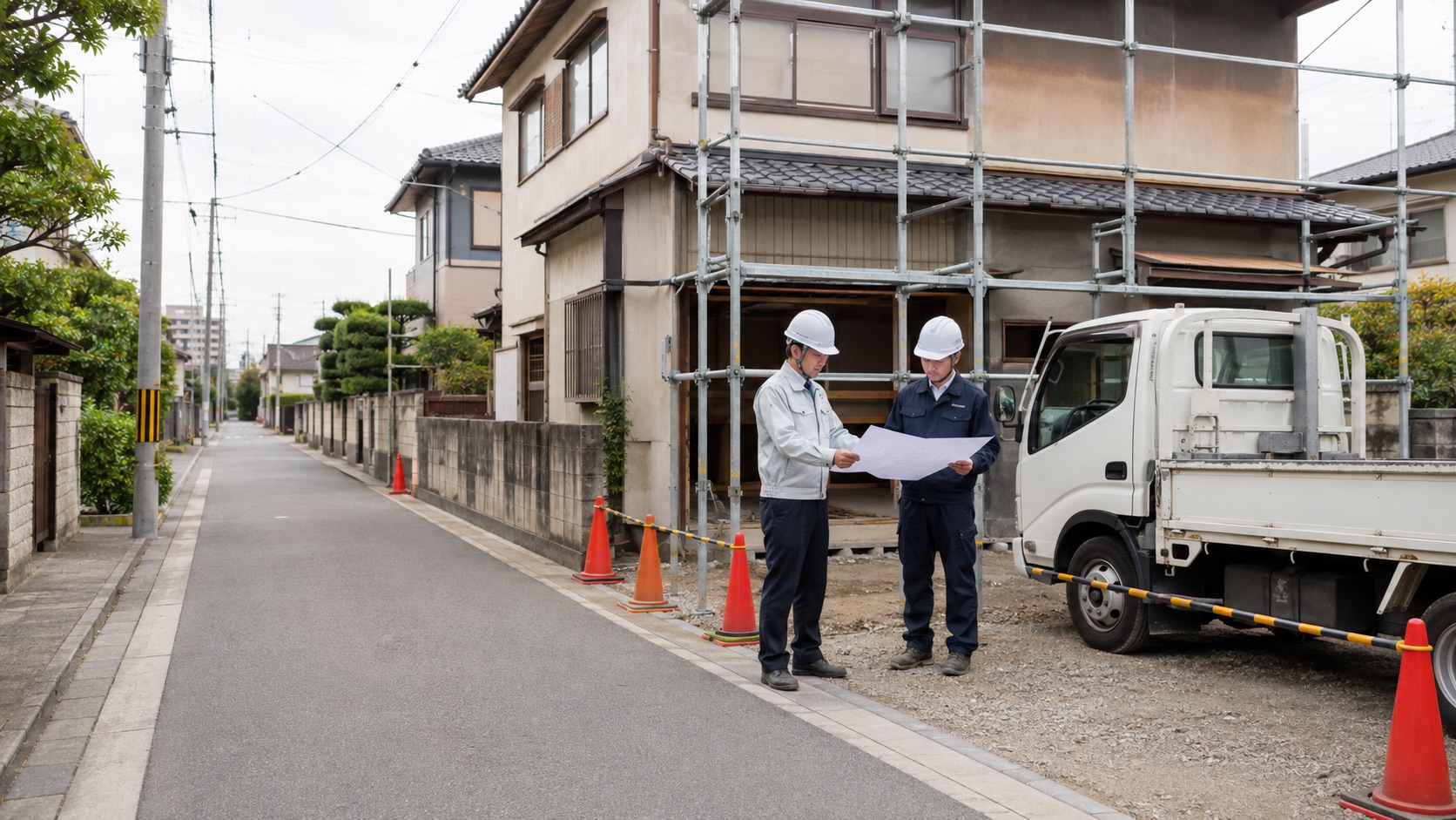 狭い住宅地の解体予定現場で道路幅と足場計画を確認する担当者のテーマ画像