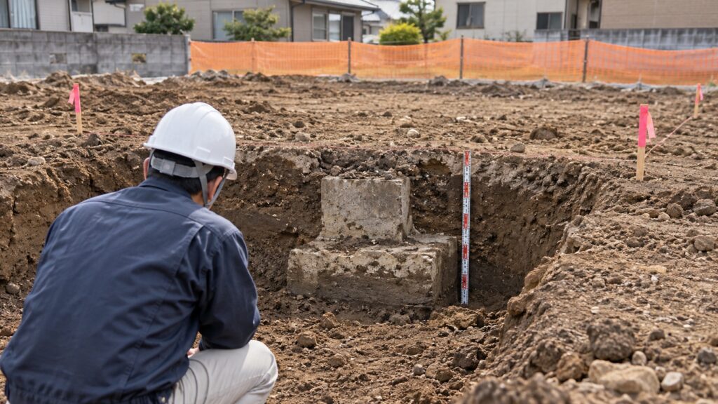 解体後の地面から見つかった古い基礎を調査するテーマ画像