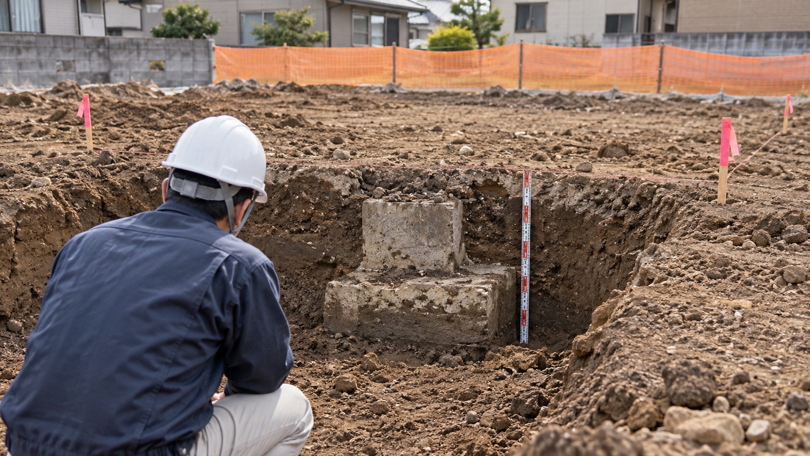 解体後の地面から見つかった古い基礎を調査するテーマ画像