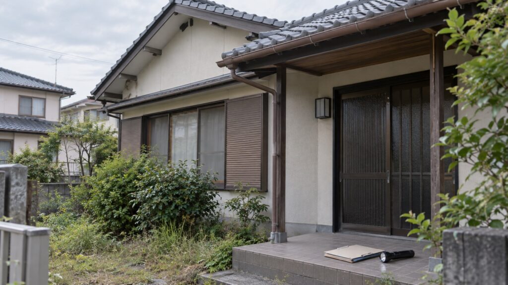 解体前の空き家を安全な場所から定期点検するテーマ画像