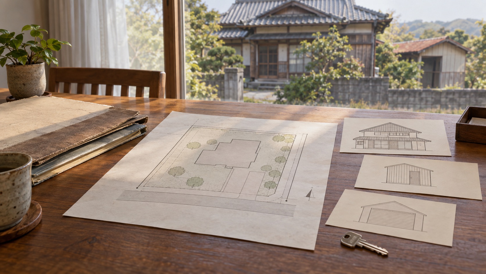 古い実家の配置図と固定資産の書類を家族で照合する解体準備のテーマ画像