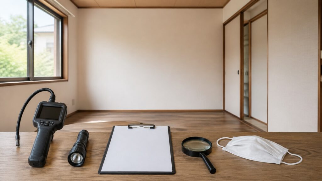 古い住宅の建材調査に使う器具と無地の記録用紙を並べたテーマ画像