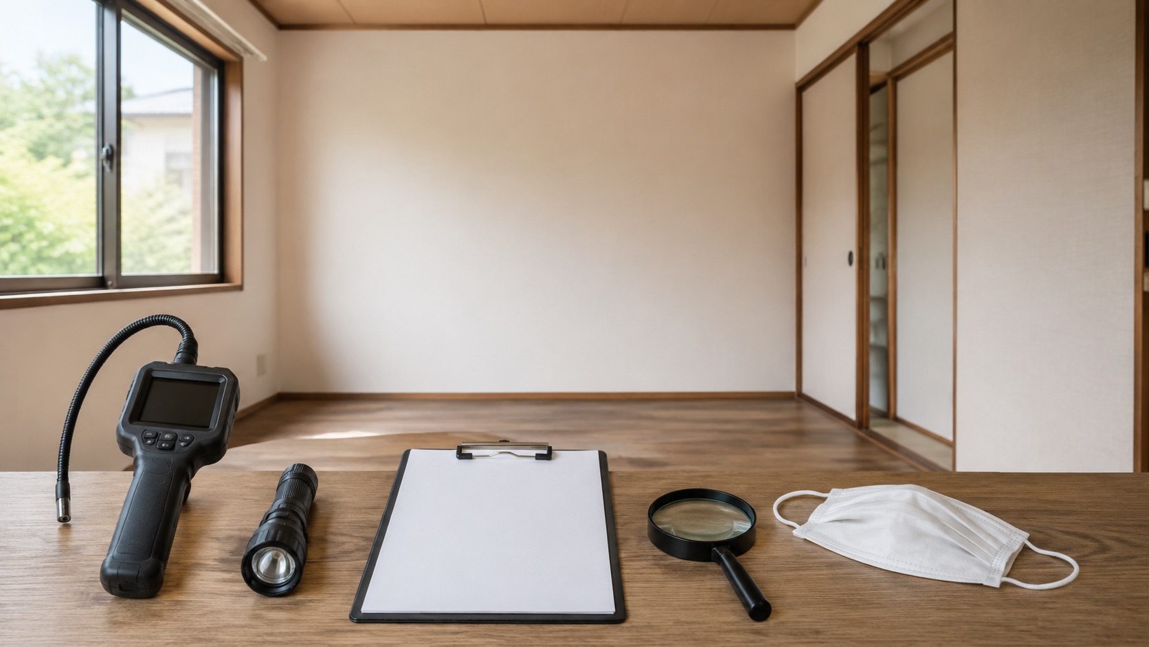 古い住宅の建材調査に使う器具と無地の記録用紙を並べたテーマ画像