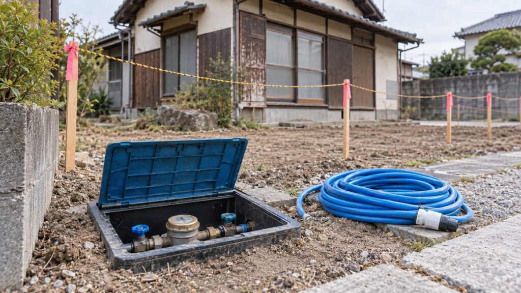 解体前の家で水道メーターと工事中の散水計画を確認するテーマ画像