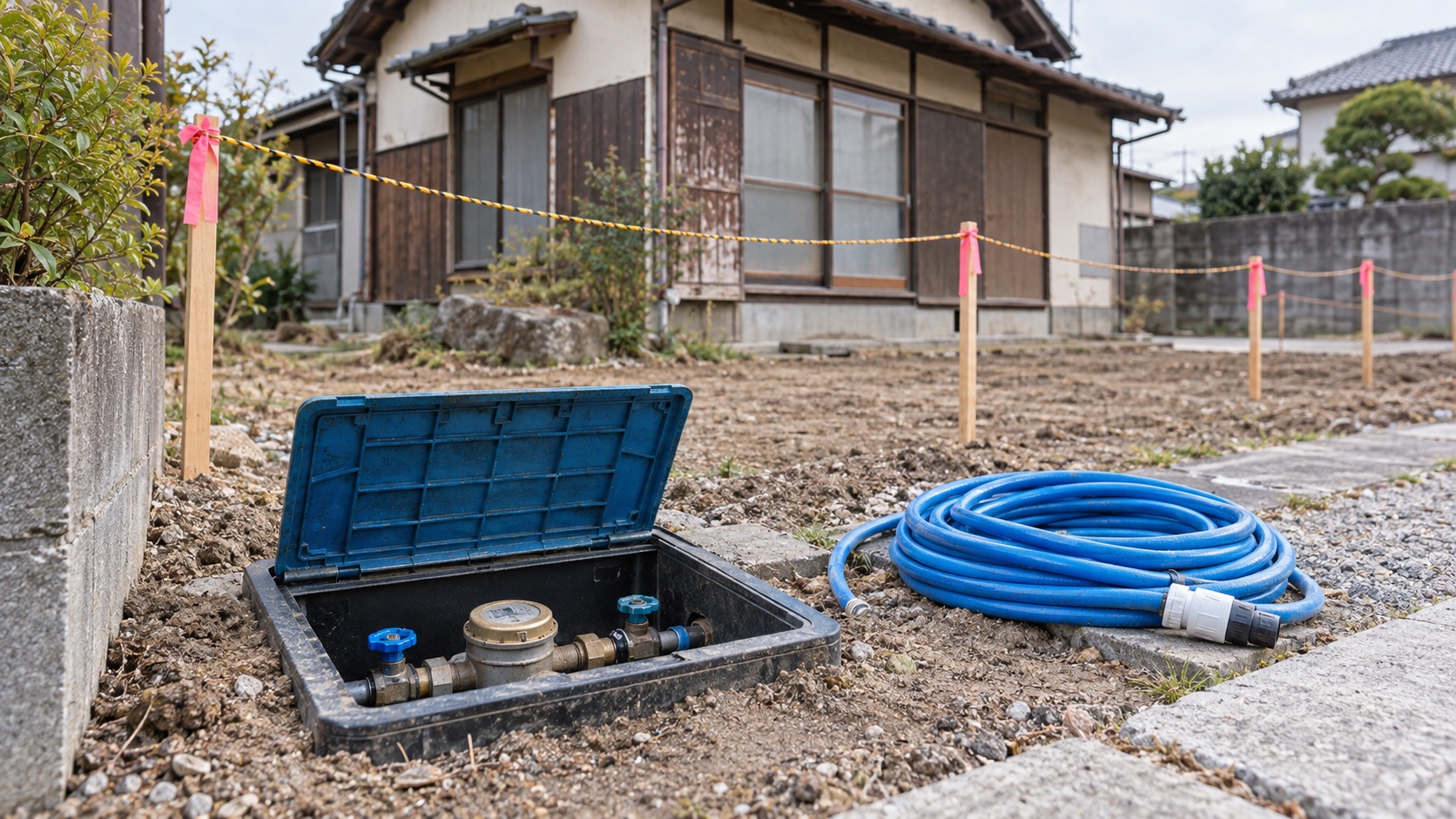 解体前の家で水道メーターと工事中の散水計画を確認するテーマ画像