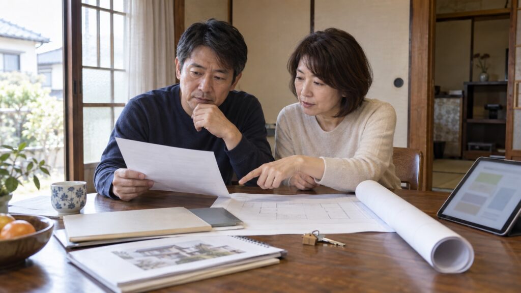 相続した実家の登記事項と解体計画を家族で確認するテーマ画像