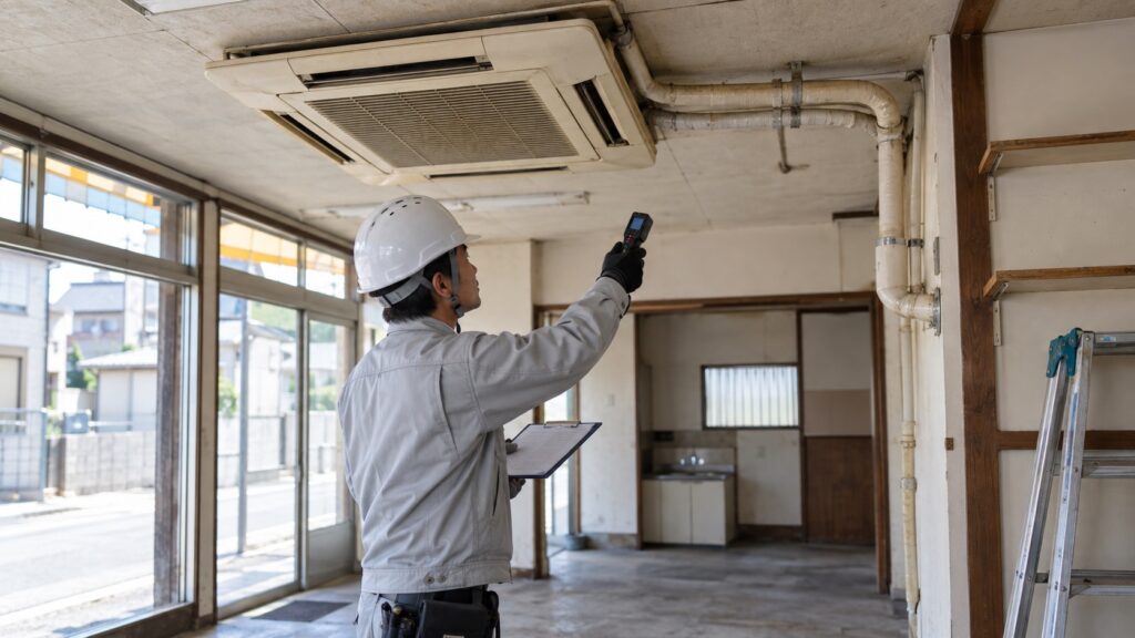 旧店舗で専門技術者が業務用エアコンを解体前に確認するフロン回収のテーマ画像