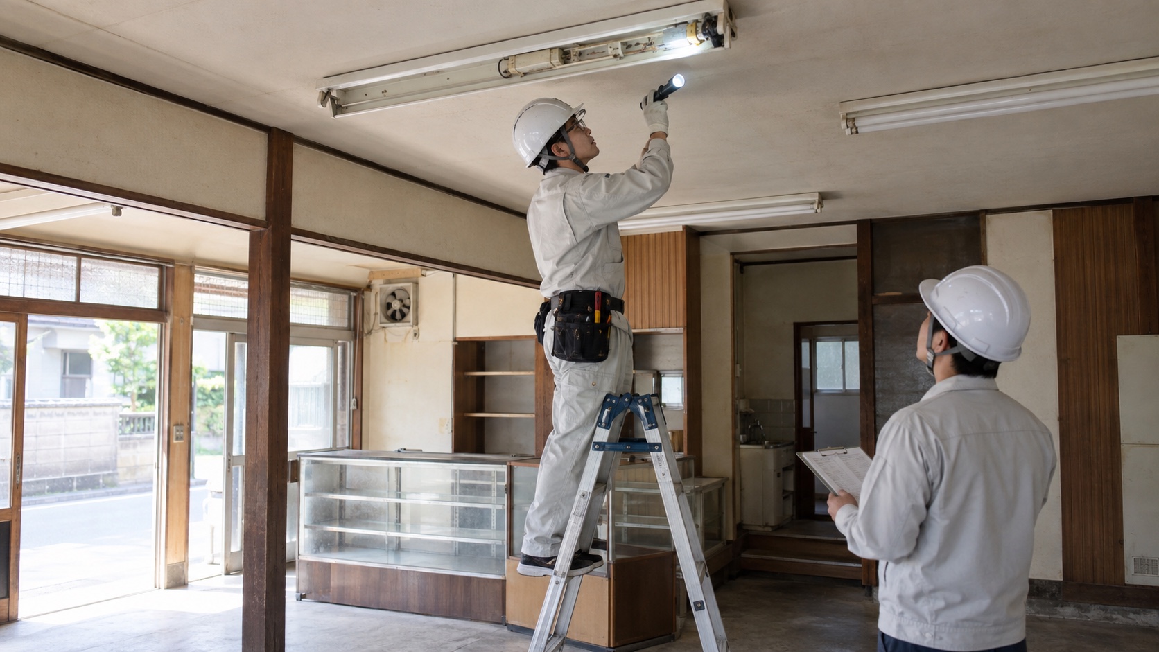旧店舗付き住宅で専門家が古い施設用照明と銘板を安全に確認する解体見積のテーマ画像