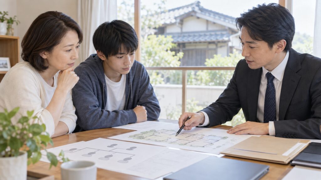 相続した実家の図面と戸籍書類を専門家と確認する親子のテーマ画像